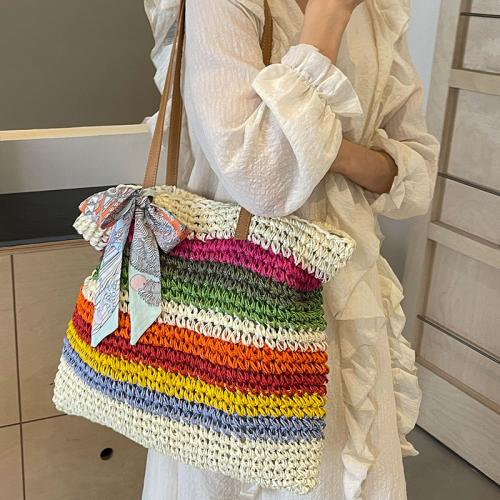 Straw with silk scarf & Tote Bag Woven Shoulder Bag large capacity PU Leather & Polyester striped PC