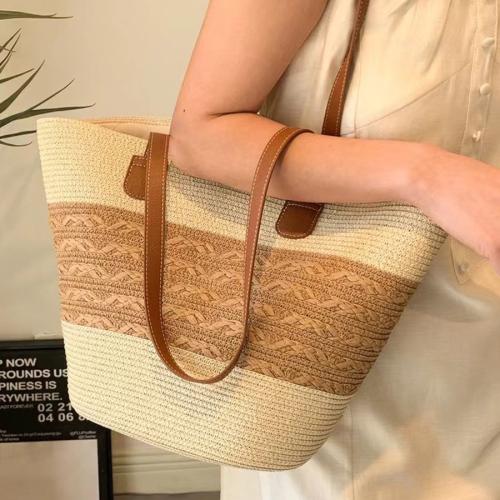 Straw Tote Bag Woven Shoulder Bag large capacity Polyester Cotton & PU Leather PC