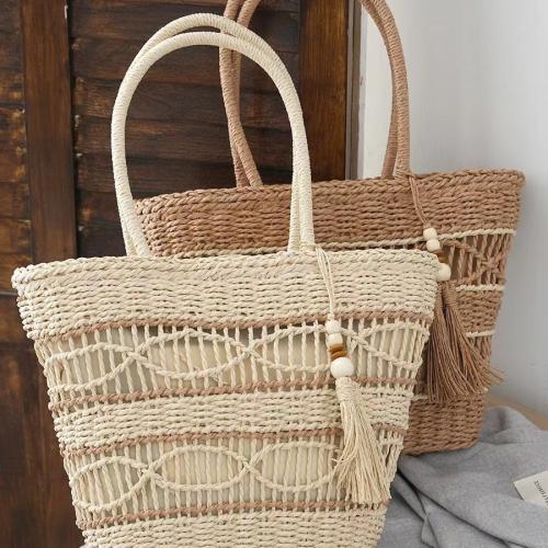 Paper Rope Tote Bag & Tassels Woven Shoulder Bag large capacity & hollow Polyester Cotton PC