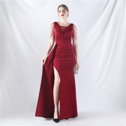 Polyester floor-length & Tassels Long Evening Dress side slit PC