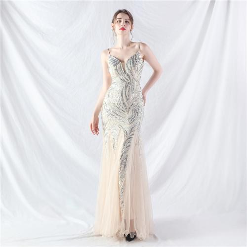 Sequin & Gauze & Polyester Slim Long Evening Dress deep V PC