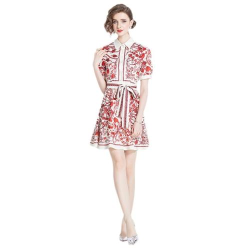 Polyester High Waist One-piece Dress slimming printed red and white PC