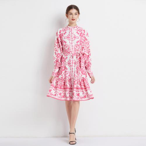 Polyester High Waist One-piece Dress mid-long style & slimming printed pink and white PC