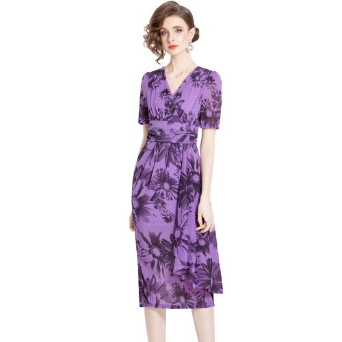 Polyester Slim One-piece Dress back split printed floral purple PC