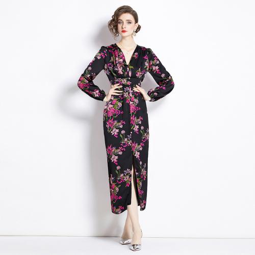 Polyester Slim & Plus Size & High Waist One-piece Dress printed floral black PC