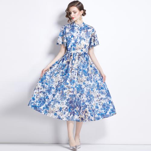 Polyester One-piece Dress mid-long style & slimming printed floral PC