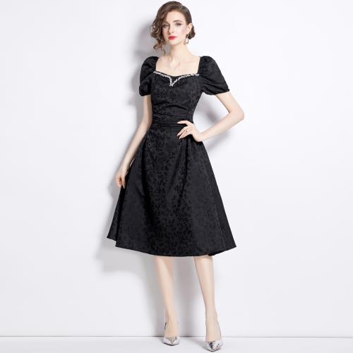 Polyester One-piece Dress mid-long style & slimming jacquard black PC