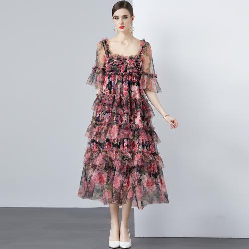 Polyester Slim & Layered One-piece Dress & off shoulder printed floral mixed colors PC