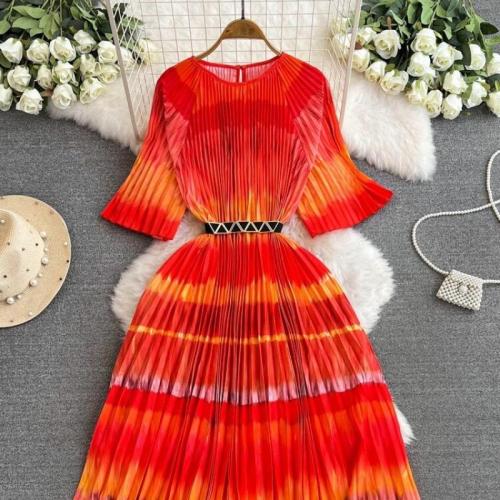 Polyester Pleated One-piece Dress large hem design & slimming Tie-dye reddish orange : PC