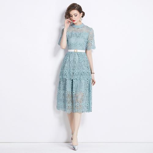 Polyester One-piece Dress slimming & hollow crochet blue PC