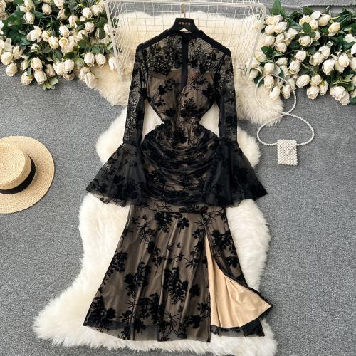 Polyester Mermaid One-piece Dress slimming & side slit embroidered floral black PC