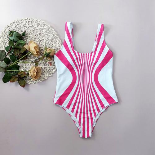 Polyester One-piece Swimsuit & skinny style striped fuchsia PC