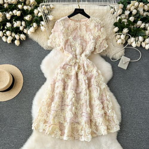 Polyester Princess One-piece Dress slimming jacquard floral Apricot PC