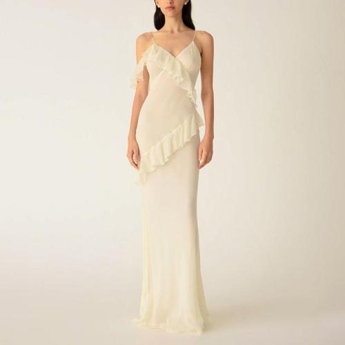 Polyester stringy selvedge Slip Dress backless patchwork Solid beige PC