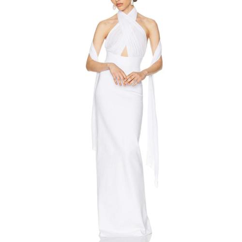 Polyester Sexy Package Hip Dresses see through look & back split & backless patchwork Solid white :L PC