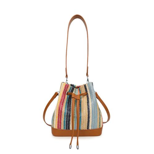 Stroh & PU Leder Gewebte Schultertasche, Gestreift, Orange,  Stück