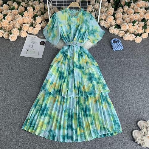 Chiffon Waist-controlled One-piece Dress slimming printed : PC