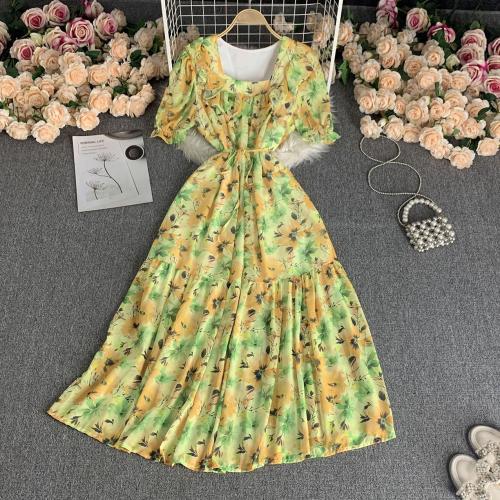 Chiffon Waist-controlled One-piece Dress slimming printed : PC