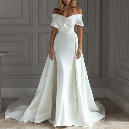 Polyester Plus Size Long Evening Dress & off shoulder Polyester patchwork Solid white PC