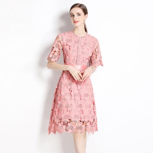 Polyester Waist-controlled One-piece Dress double layer & hollow Solid pink PC