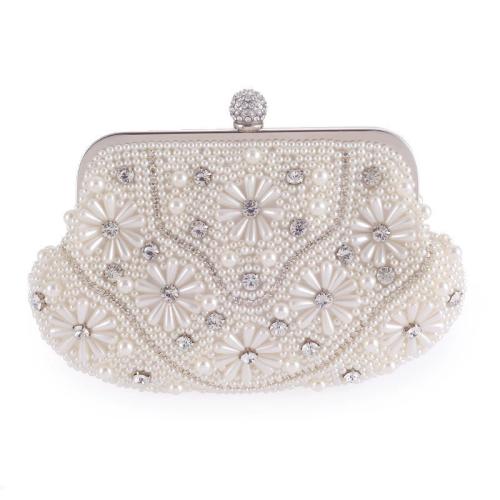 Polyester Easy Matching Clutch Bag with chain & with rhinestone Plastic Pearl white PC