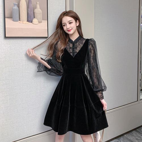 Pleuche & Lace High Waist One-piece Dress slimming patchwork black PC