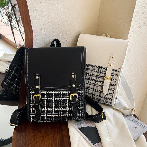 PU Leather Backpack contrast color & soft surface Polyester plaid PC