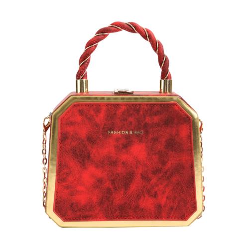 PU Leather Box Bag Handbag with chain & contrast color & attached with hanging strap PC