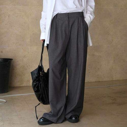 Polyester High Waist Women Long Trousers & loose patchwork striped gray PC