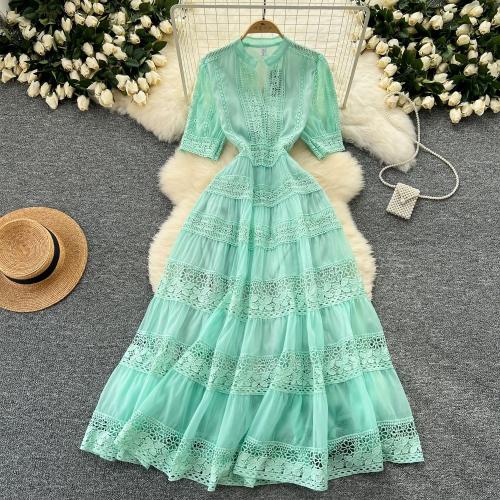 Polyester Waist-controlled One-piece Dress large hem design & hollow Solid PC