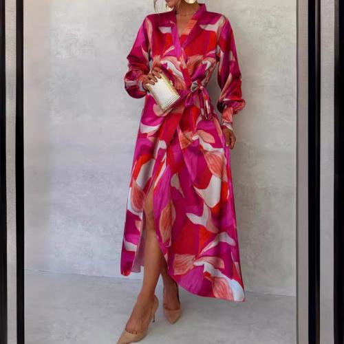 Polyester Soft & front slit One-piece Dress slimming printed fuchsia PC