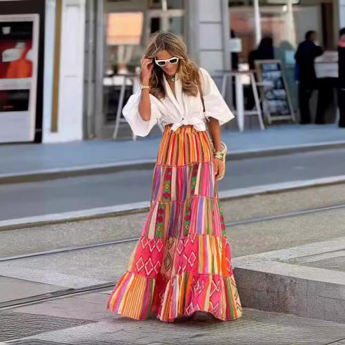 Polyester Maxi Skirt large hem design & floor-length & breathable printed PC