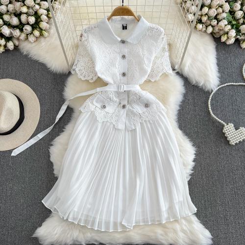 Lace & Polyester Pleated One-piece Dress double layer & hollow Solid white PC