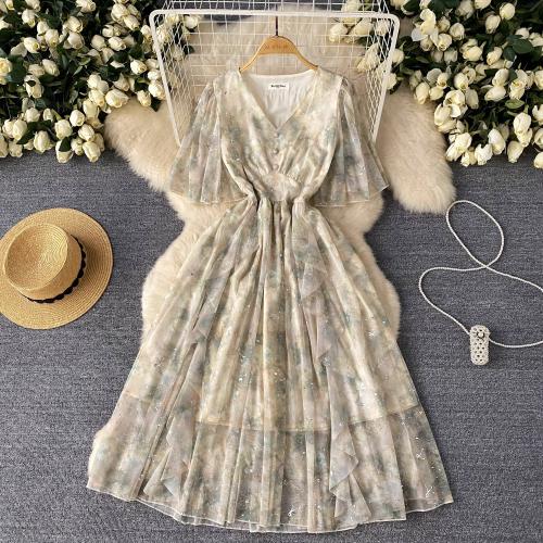 Polyester One-piece Dress large hem design & double layer & breathable printed : PC