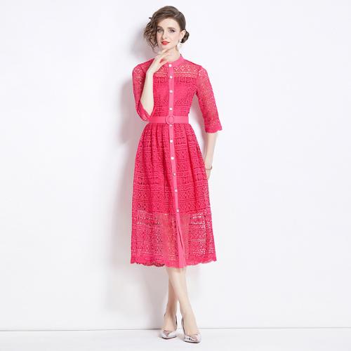 Polyester Waist-controlled One-piece Dress double layer & hollow Solid fuchsia PC