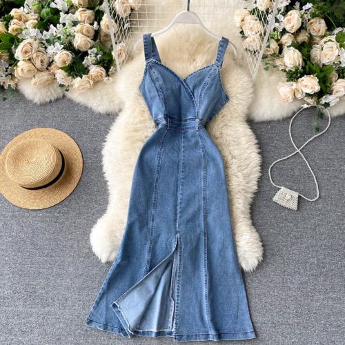 Denim Waist-controlled & front slit One-piece Dress backless Solid blue PC