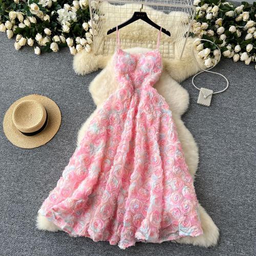 Polyester One-piece Dress large hem design & double layer & backless floral pink PC