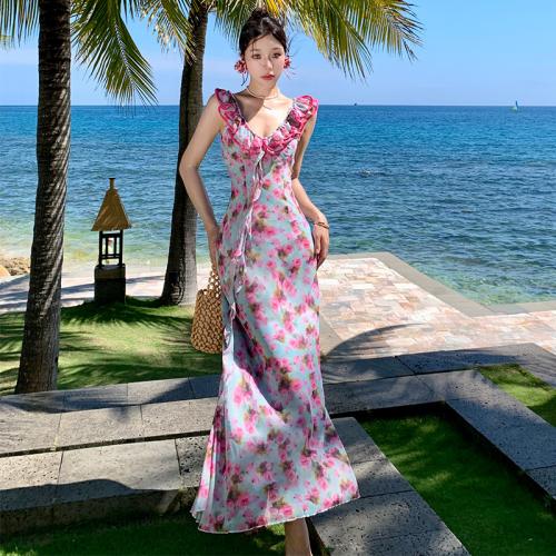 Polyester Slip Jurk Afgedrukt Bloemen Roze stuk