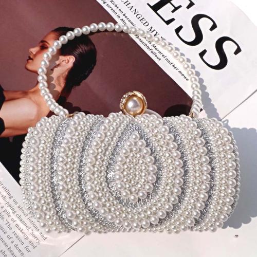 Plastic Pearl & Polyester Evening Party Handbag attached with hanging strap & with rhinestone beige PC