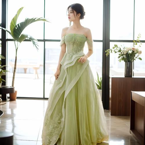 Polyester Long Evening Dress large hem design & tube patchwork Solid green PC