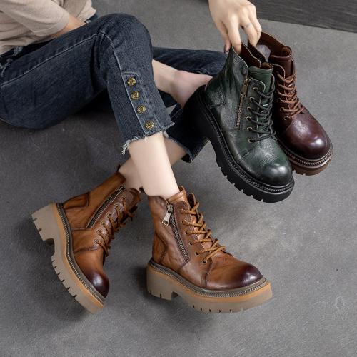 Full Grain Cowhide Leather Women Boots mid length tube & hardwearing & anti-skidding Solid Pair