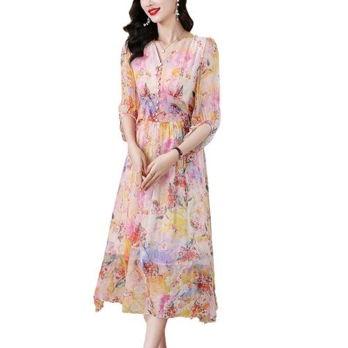 Polyester Slim One-piece Dress printed shivering multi-colored PC