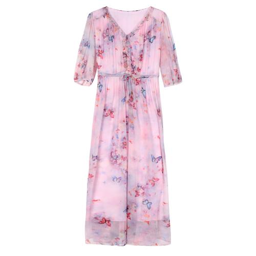 Polyester Slim One-piece Dress printed shivering light purple PC