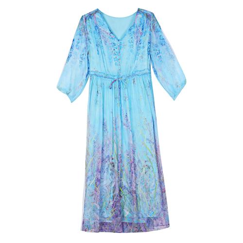 Polyester Slim & Plus Size One-piece Dress printed shivering blue PC