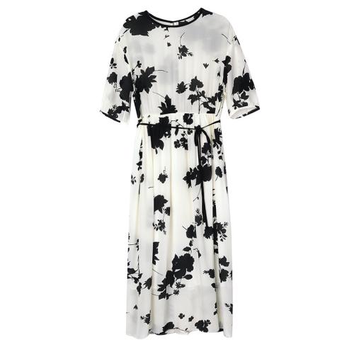 Polyester One-piece Dress & loose printed leaf pattern white and black PC