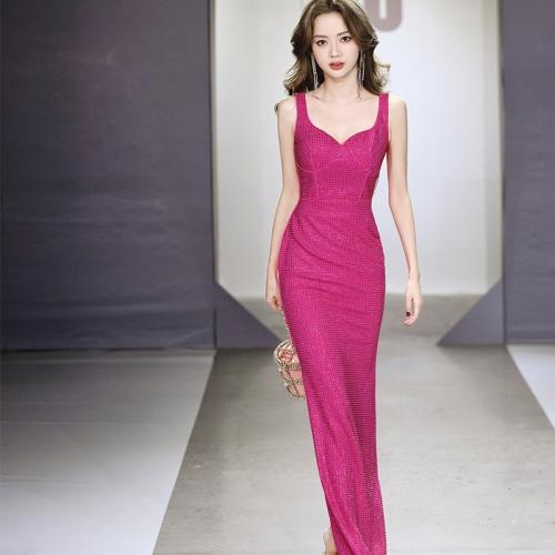 Polyester Long Evening Dress back split & backless patchwork Solid PC