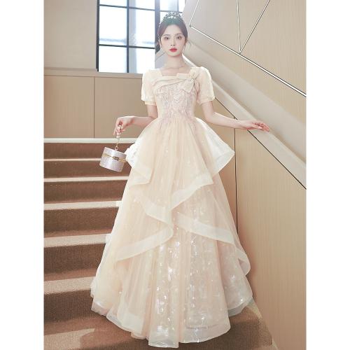 Polyester Slim Long Evening Dress  patchwork Solid champagne PC