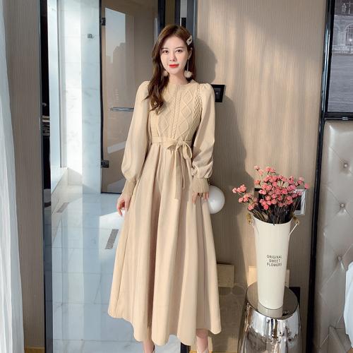 Polyester Slim & A-line Autumn and Winter Dress jacquard khaki PC