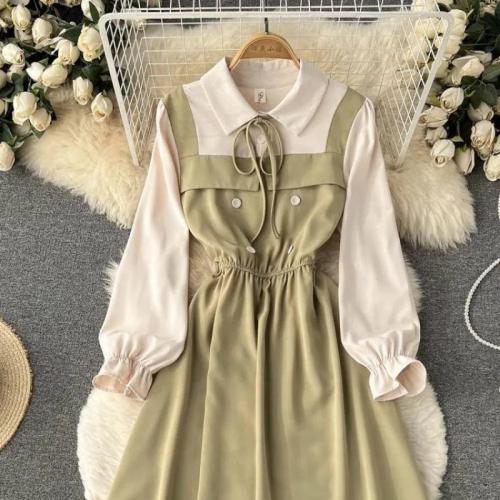 Polyester & Cotton A-line & High Waist Autumn and Winter Dress & fake two piece patchwork PC