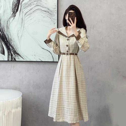 Polyester High Waist Autumn and Winter Dress slimming & with belt printed plaid Apricot PC